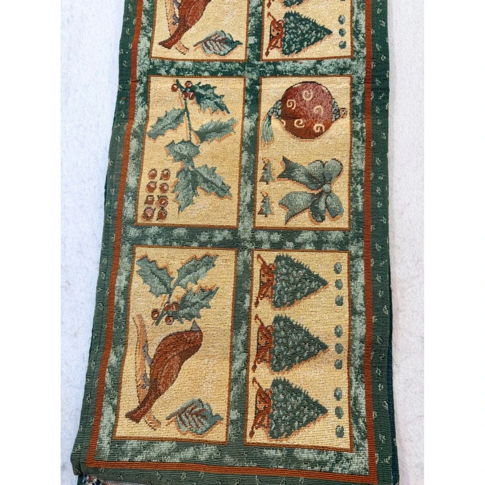 Christmas Woven Tapestry Table Runner Cardinal Holly Tree Green Red 12x 70